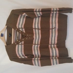 RUE 21 OLIVE GREEN LIGHTWEIGHT LACE UP TIE STRIPED SWEATER BLUE PINK…